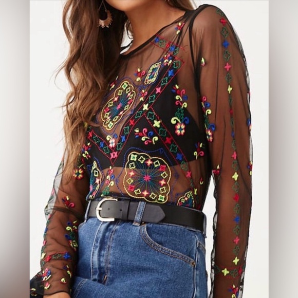 Forever 21 Tops - Forever 21 Embroidered Sheer Black Top - NWT